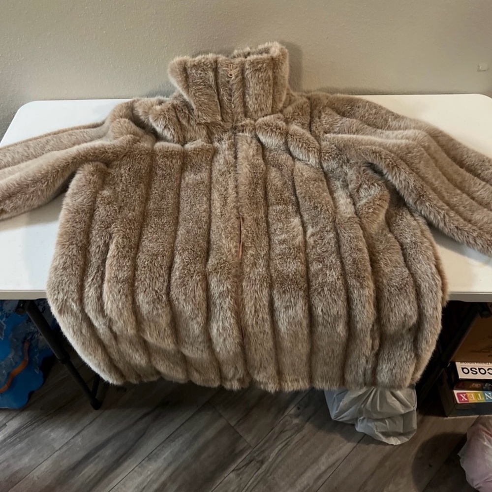 Roaman's Faux Fur Puffer Jacket - Beige
